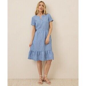 Pact Canopy Linen Blend Notch Neck Dress Bondi Stripe Blue Medium